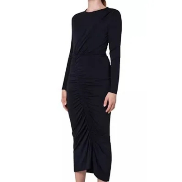 Akris Punto Ruched Black Jersey wool knit midi long sleeve dress size 16 US - Picture 1 of 6